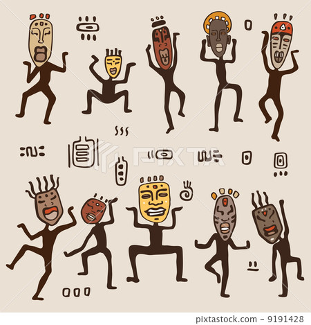 Dancing figures wearing African masks. 9191428