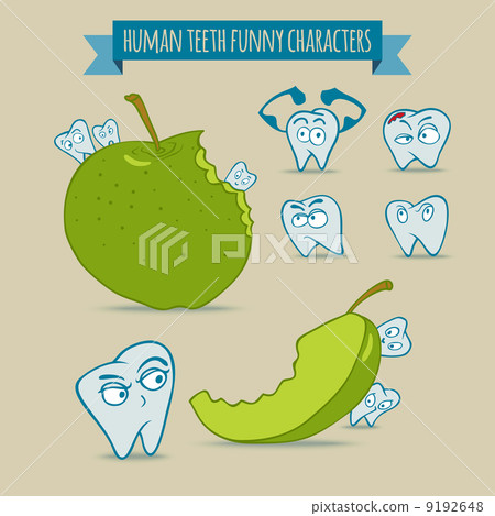 Set of human teeth funny characters with apple 9192648