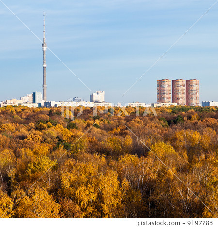 TV tower, houses and autumn trees and blue sky 9197783