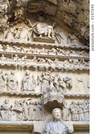 decoration of gothic catholic Notre Dame Cathedral in Reims, France 9197840