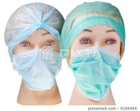 dummy doctor head wearing textile surgical cap and mask 9198484