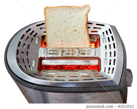 one fresh slice of bread on hot metal toaster 9201052