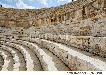 stone seats in antique Large South Theatre , Jerash 9201903