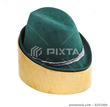 green tyrolean felt hat on linden wooden block 9201994