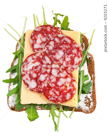 sandwich from bread, salami, cheese, fresh rucola sandwich from bread, salami, cheese, fresh rucola 9203271