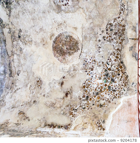 Ancient painted plaster on the ceiling of one of the caves in Little Petra 9204178