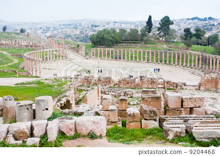 ancient roman oval forum in antique town Jerash 9204468