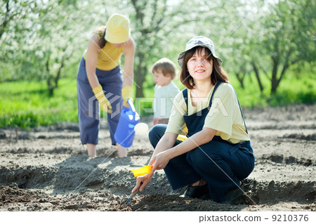women with child works at vegetables garden women with child works at vegetables garden 9210376