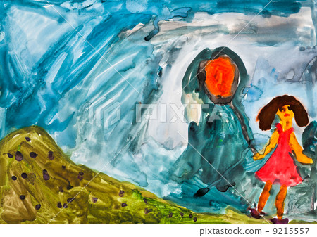 children drawing - girl with orange balloon 9215557