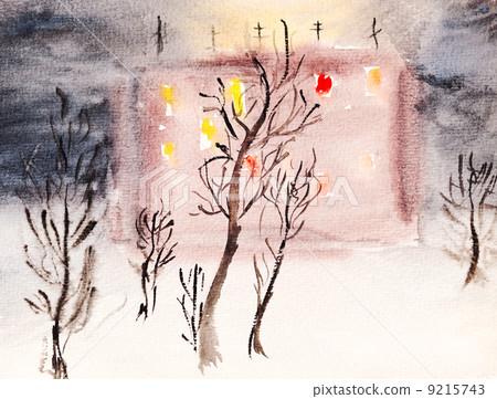 illuminated town house in winter night 9215743