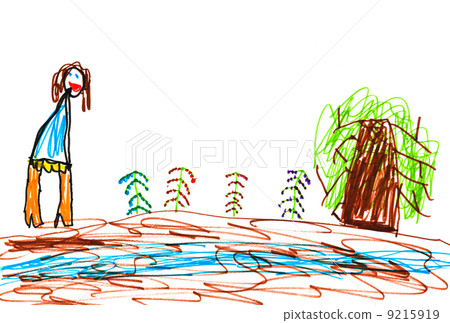 child's drawing - woman near forest river child's drawing - woman near forest river 9215919