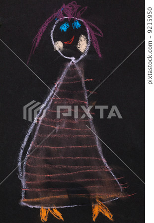 child's drawing - smiling girl in blue dress 9215950