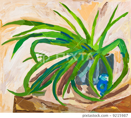 children drawing - green leaves of indoor plant 9215987