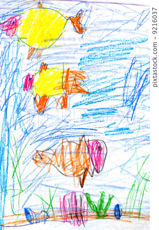 child's drawing - fishes in sea 9216037