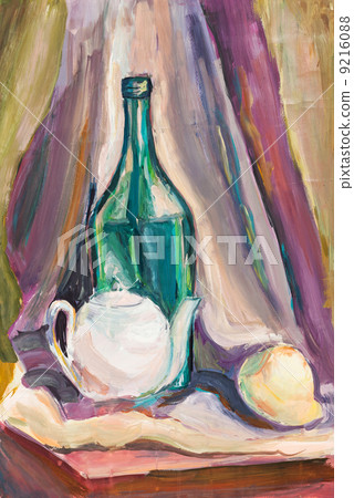 child's paiting - still life with green bottle and white teapot child's paiting - still life with green bottle and white teapot 9216088