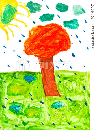 children drawing - orange tree under rain 9216097