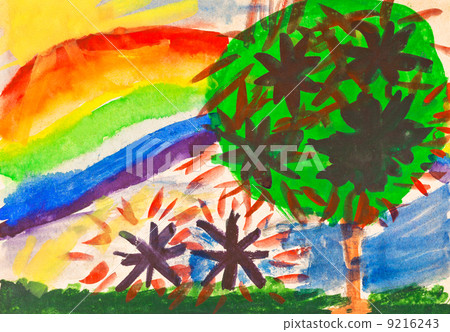 child's paiting - rainbow under fruit garden 9216243