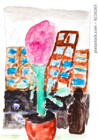 children drawing - pink flower in pot on home sill 9216265