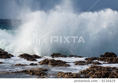 Sea wave breaking against coast rock 9216829