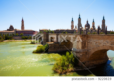 view from Ebro river. Stone bridge and Cathedral view from Ebro river. Stone bridge and Cathedral 9220619