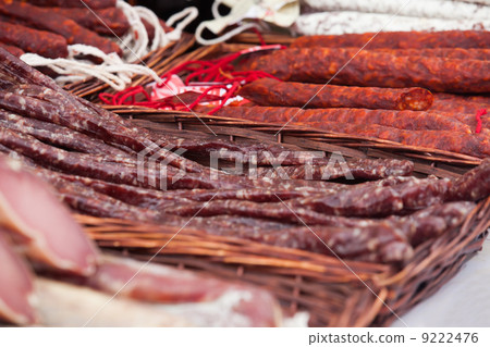 various sausages on counter 9222476