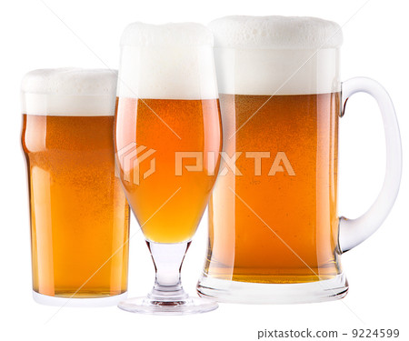Frosty glass of light beer set isolated 9224599