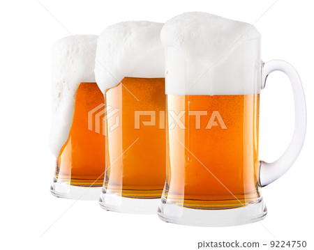 Frosty glass of light beer set isolated 9224750
