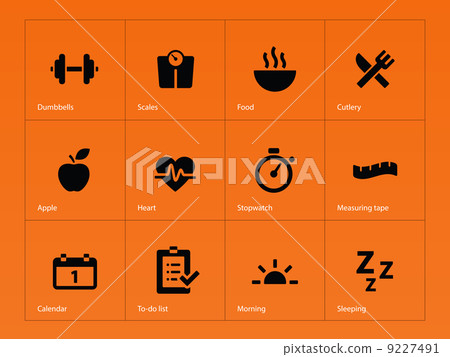 Fitness icons on orange background. 9227491