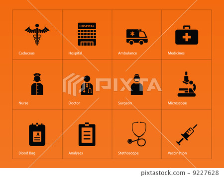 Hospital icons on orange background. Hospital icons on orange background. 9227628