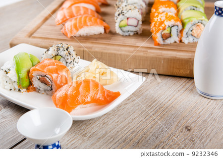 Variation of fresh tasty sushi rolls 9232346