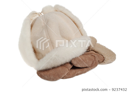 women's winter fur hat and mittens, isolated on white 9237432