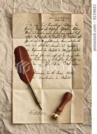 old letter with feather quill and wax seal 9239683