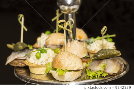 canape with meat vegetables and seafood 9242529