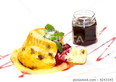 Cottage cheese pie with jam on white background in restaurant 9243345