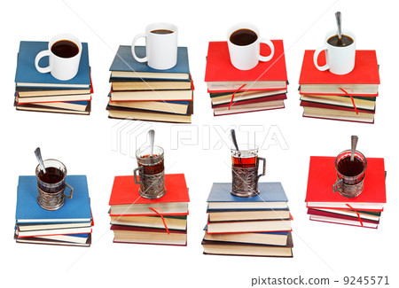 set from stacks of books with coffee or tea on top set from stacks of books with coffee or tea on top 9245571