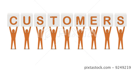 Men holding the word customers. Concept 3D illustration. 9249219