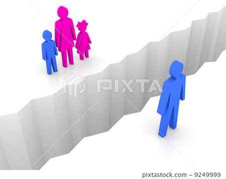 Man and woman with children split on sides, separation crack. Concept 3D illustration. 9249999
