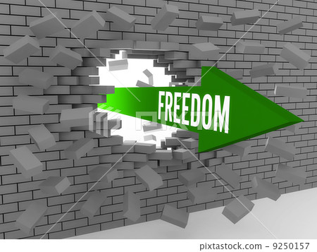 Arrow with word Freedom breaking brick wall. Concept 3D illustration. Arrow with word Freedom breaking brick wall. Concept 3D illustration. 9250157