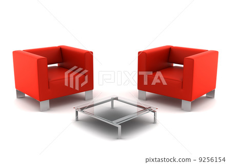 two red armchairs with table isolated on white background 9256154