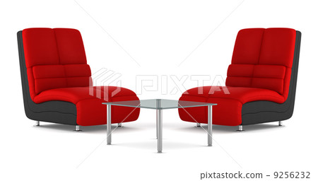two black and red modern leather armchairs with table isolated on white background 9256232