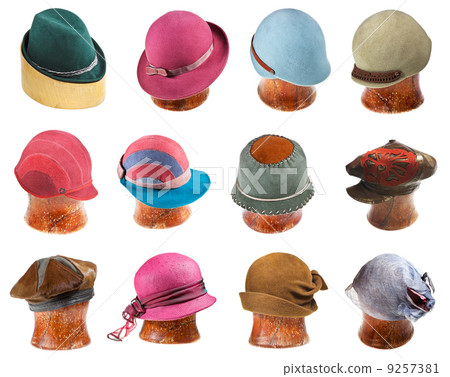 set of ladies felt hats on wooden hat block 9257381