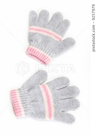 Gray and pink woolen gloves, isolated on white background. 9257979
