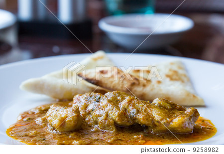 Closeup flat bread with chicken massaman curry sauce Closeup flat bread with chicken massaman curry sauce 9258982