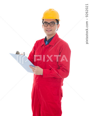asian chinese male in safety heavy writing notepad suit and isol 9262021