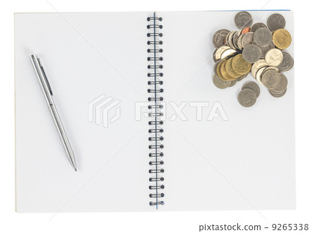 Spiral notebook with coins isolate 9265338
