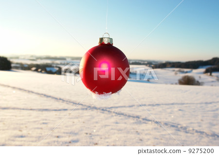 A red bauble hanging outside in winter A red bauble hanging outside in winter 9275200