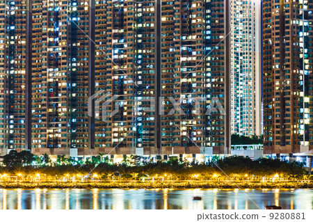 Residential building in Hong Kong at night 9280881