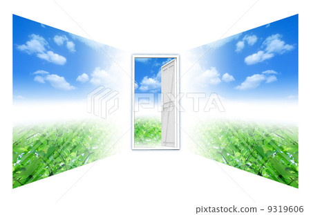 Door opening towards eco environment space of blue sky Door opening towards eco environment space of blue sky 9319606