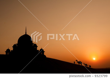 mosque in desert with camels silhouette mosque in desert with camels silhouette 9323799