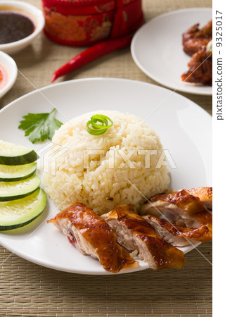 singapore roasted chicken rice  with chili sauce as background 9325017